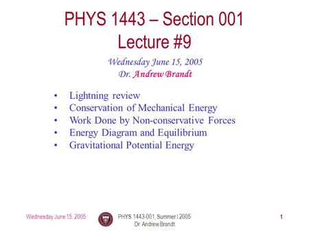 Wednesday June 15, 2005 1 PHYS 1443-001, Summer I 2005 Dr. Andrew Brandt PHYS 1443 – Section 001 Lecture #9 Wednesday June 15, 2005 Dr. Andrew Brandt Lightning.