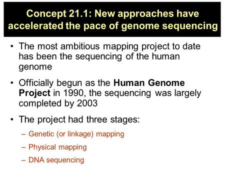 Concept 21.1: New approaches have accelerated the pace of genome sequencing The most ambitious mapping project to date has been the sequencing of the human.