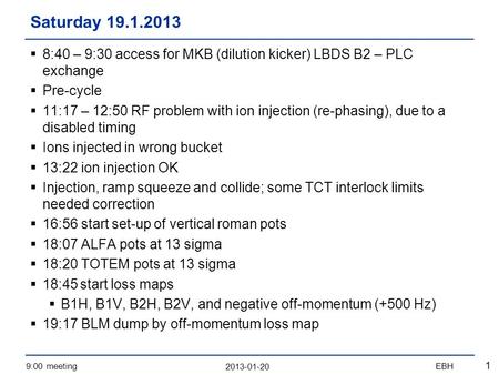 2013-01-20 9:00 meetingEBH 1  8:40 – 9:30 access for MKB (dilution kicker) LBDS B2 – PLC exchange  Pre-cycle  11:17 – 12:50 RF problem with ion injection.