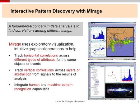 Lucent Technologies - Proprietary 1 Interactive Pattern Discovery with Mirage Mirage uses exploratory visualization, intuitive graphical operations to.