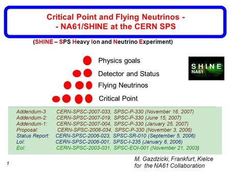 1 M. Gazdzicki, Frankfurt, Kielce for the NA61 Collaboration Critical Point and Flying Neutrinos - - NA61/SHINE at the CERN SPS Addendum-3 CERN-SPSC-2007-033,