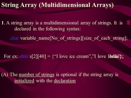String Array (Multidimensional Arrays) 1. A string array is a multidimensional array of strings. It is declared in the following syntax: char variable_name[No_of_strings][size_of_each_string];