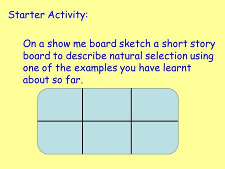Starter Activity: On a show me board sketch a short story board to describe natural selection using one of the examples you have learnt about so far.