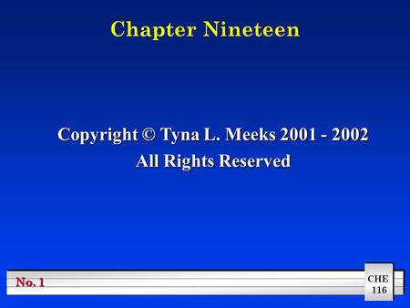 CHE 116 No. 1 Chapter Nineteen Copyright © Tyna L. Meeks 2001 - 2002 All Rights Reserved.