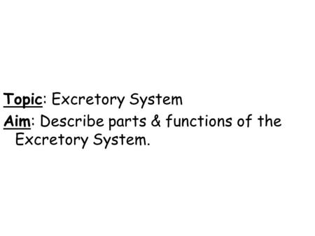 Topic: Excretory System Aim: Describe parts & functions of the Excretory System.
