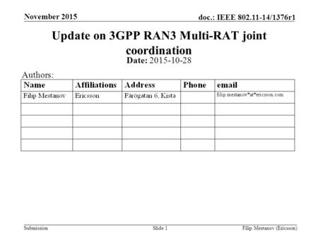 Update on 3GPP RAN3 Multi-RAT joint coordination