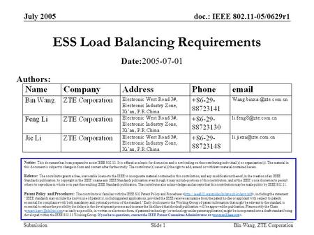 Doc.: IEEE 802.11-05/0629r1 Submission July 2005 Bin Wang, ZTE CorporationSlide 1 ESS Load Balancing Requirements Notice: This document has been prepared.