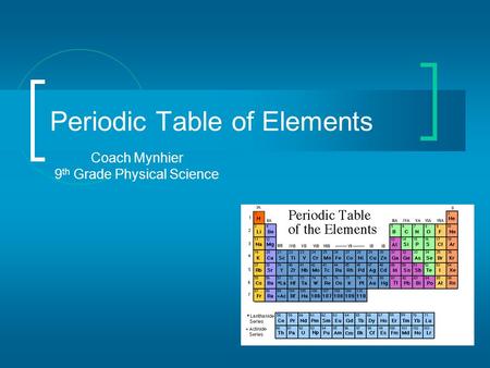 Periodic Table of Elements Coach Mynhier 9 th Grade Physical Science.