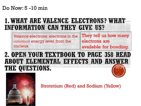 Do Now: 5 -10 min Valence electrons: electrons in the outermost energy level from the nucleus. They tell us how many electrons are available for bonding.