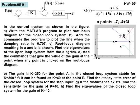 Problem:05-01 x points: -7, -4+3i HW- 05 In the control system as shown in the figure, a) Write the MATLAB program to plot root-locus diagram for the closed.