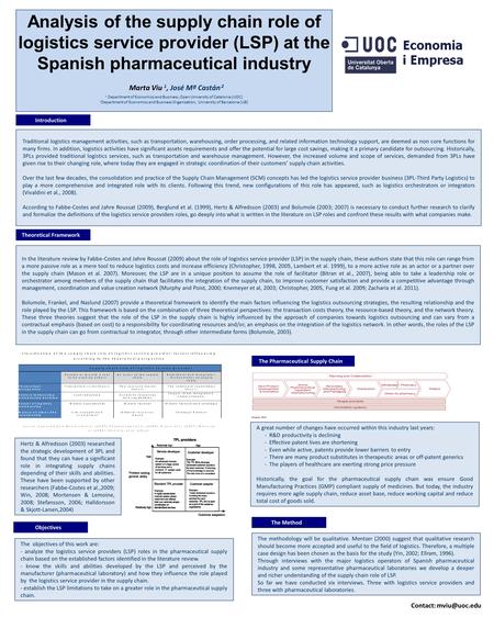Analysis of the supply chain role of logistics service provider (LSP) at the Spanish pharmaceutical industry Marta Viu 1, José Mª Castán 2 1 Department.