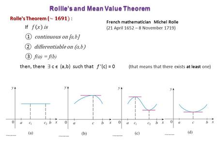 Rollle’s and Mean Value Theorem French mathematician Michel Rolle (21 April 1652 – 8 November 1719)