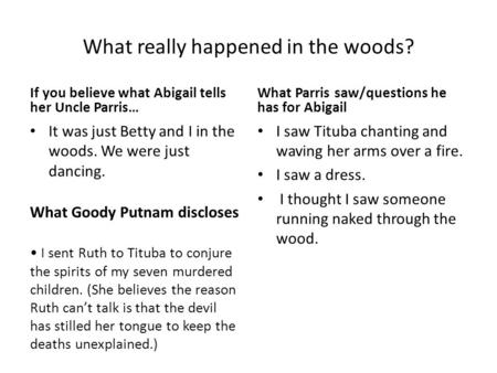 What really happened in the woods? If you believe what Abigail tells her Uncle Parris… It was just Betty and I in the woods. We were just dancing. What.