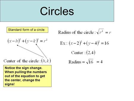 Circles Standard form of a circle: Notice the sign change. When pulling the numbers out of the equation to get the center, change the signs!
