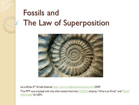Fossils and The Law of Superposition Liz LaRosa 5 th Grade Science  2009http://www.middleschoolscience.com This PPT was.
