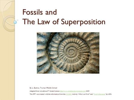 Fossils and The Law of Superposition By L. Badino, Truman Middle School Adapted from Liz LaRosa 5 th Grade Science  2009http://www.middleschoolscience.com.