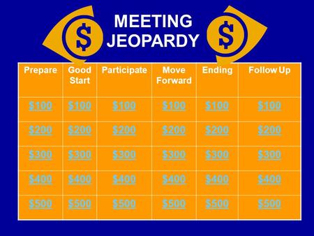 PrepareGood Start ParticipateMove Forward EndingFollow Up $100 $200 $300 $400 $500 MEETING JEOPARDY.