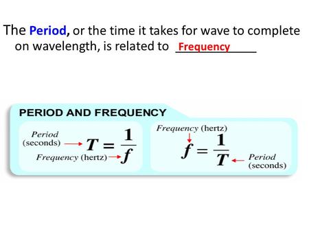 The Period, or the time it takes for wave to complete on wavelength, is related to ____________ Frequency.