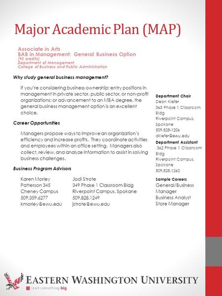 Major Academic Plan (MAP) Why study general business management? If you’re considering business ownership; entry positions in management in private sector,
