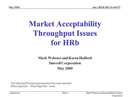 Doc.: IEEE 802.11-00/072 Submission May 2000 Mark Webster and Karen Halford, Intersil Corporation Slide 1 Market Acceptability Throughput Issues for HRb.