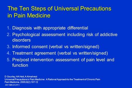 HEIT TEMPLATE.PPT 1 The Ten Steps of Universal Precautions in Pain Medicine 1. 1.Diagnosis with appropriate differential 2. 2.Psychological assessment.