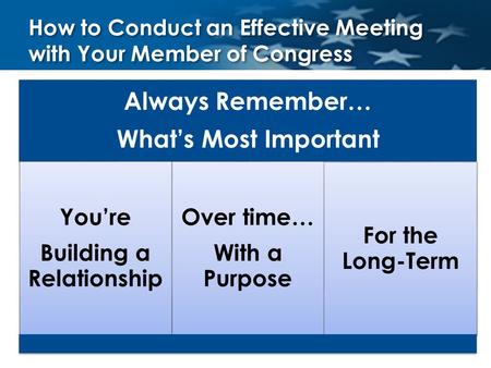 How to Conduct an Effective Meeting with Your Member of Congress Always Remember… What’s Most Important You’re Building a Relationship Over time… With.