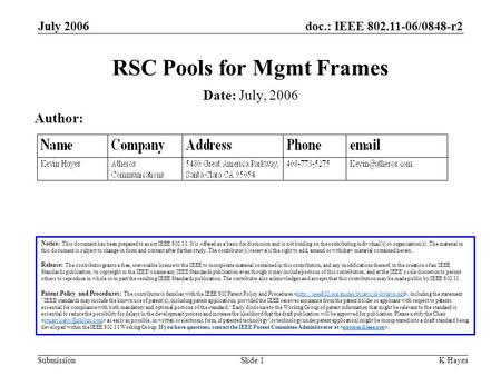 Doc.: IEEE 802.11-06/0848-r2 Submission July 2006 K.HayesSlide 1 RSC Pools for Mgmt Frames Notice: This document has been prepared to assist IEEE 802.11.