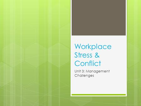 Workplace Stress & Conflict Unit 3: Management Challenges.