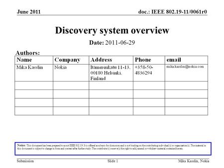 Doc.: IEEE 802.19-11/0061r0 Submission June 2011 Mika Kasslin, NokiaSlide 1 Discovery system overview Notice: This document has been prepared to assist.