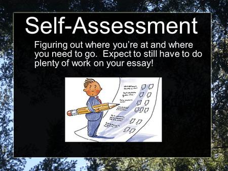 Figuring out where you’re at and where you need to go. Expect to still have to do plenty of work on your essay! Self-Assessment.