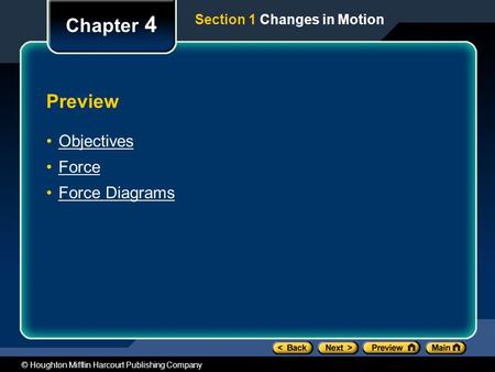 © Houghton Mifflin Harcourt Publishing Company Preview Objectives Force Force Diagrams Chapter 4 Section 1 Changes in Motion.