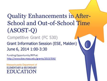 Quality Enhancements in After- School and Out-of-School Time (ASOST-Q) Competitive Grant (FC 530) Grant Information Session (ESE, Malden) June 6, 2014.