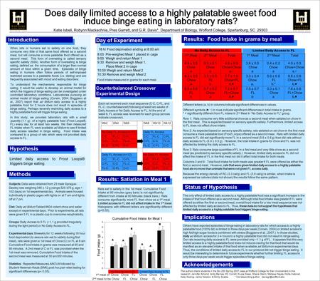 Does daily limited access to a highly palatable sweet food induce binge eating in laboratory rats? Katie Isbell, Robynn Mackechnie, Pres Garrett, and G.R.