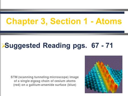  Suggested Reading pgs.. 67 - 71 Pages 66-70 Chapter 3, Section 1 - Atoms STM (scanning tunneling microscope) image of a single zigzag chain of cesium.