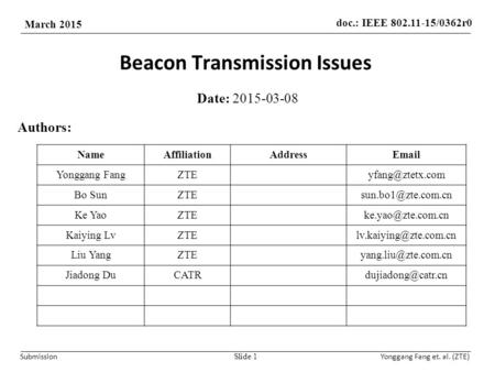 Doc.: IEEE 802.11-15/0362r0 March 2015 SubmissionYonggang Fang et. al. (ZTE) Beacon Transmission Issues Date: 2015-03-08 Slide 1 Authors: NameAffiliationAddressEmail.