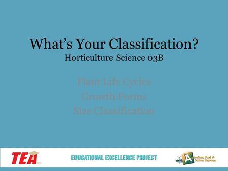 What’s Your Classification? Horticulture Science 03B Plant Life Cycles Growth Forms Size Classification.