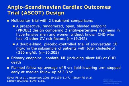 Slide Source: Lipids Online Slide Library www.lipidsonline.org Anglo-Scandinavian Cardiac Outcomes Trial (ASCOT) Design Sever PS et al. J Hypertens 2001;19:1139–1147.