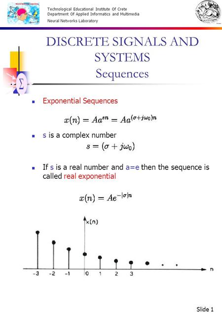 Technological Educational Institute Of Crete Department Of Applied Informatics and Multimedia Neural Networks Laboratory Slide 1 DISCRETE SIGNALS AND SYSTEMS.