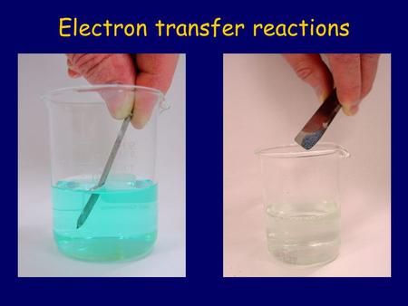 Electron transfer reactions. A grey iron nail is dipped into blue copper sulfate solution and immediately withdrawn. Iron and copper sulfate.