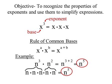 N n n n Objective- To recognize the properties of exponents and use them to simplify expressions. x 3 x x x = exponent base Rule of Common Bases x a =