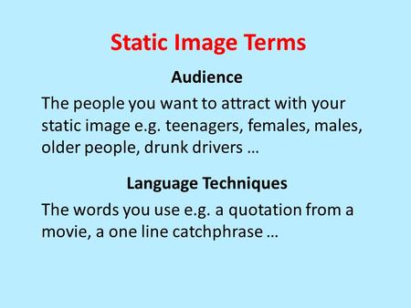 Static Image Terms Audience The people you want to attract with your static image e.g. teenagers, females, males, older people, drunk drivers … Language.