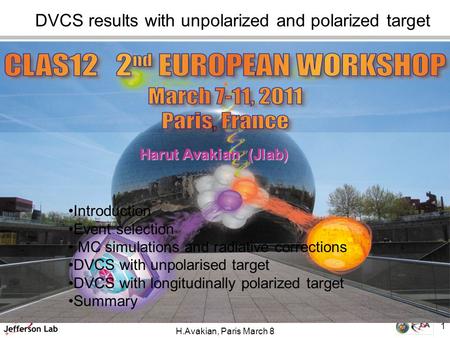Harut Avakian (Jlab) DVCS results with unpolarized and polarized target Introduction Event selection MC simulations and radiative corrections DVCS with.