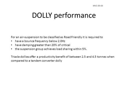 DOLLY performance For an air-suspension to be classified as Road Friendly it is required to have a bounce frequency below 2.0Hz have damping greater than.
