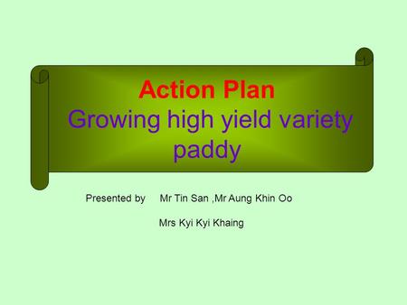 Action Plan Growing high yield variety paddy Presented by Mr Tin San,Mr Aung Khin Oo Mrs Kyi Kyi Khaing.