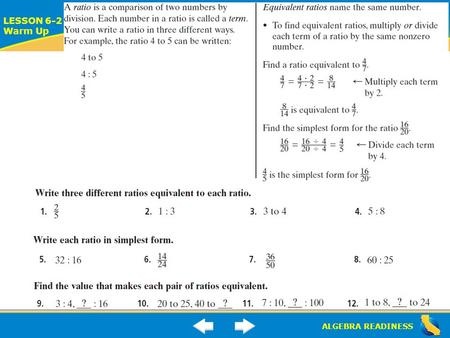 ALGEBRA READINESS LESSON 6-2 Warm Up Lesson 6-2 Warm-Up.