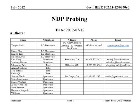 Doc.: IEEE 802.11-12/0830r0 Submission July 2012 Yongho Seok, LG ElectronicsSlide 1 NDP Probing Date: 2012-07-12 Authors: NameAffiliationsAddressPhoneEmail.