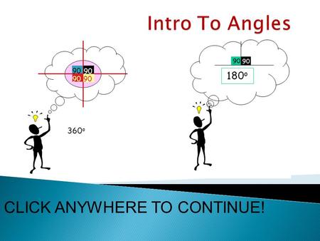 90 360 o CLICK ANYWHERE TO CONTINUE! HOME  The purpose of this study guide is to teach the definition of an angle and types of angles.