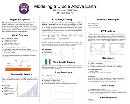 Project Background My project goal was to accurately model a dipole in the presence of the lossy Earth. I used exact image theory developed previously.
