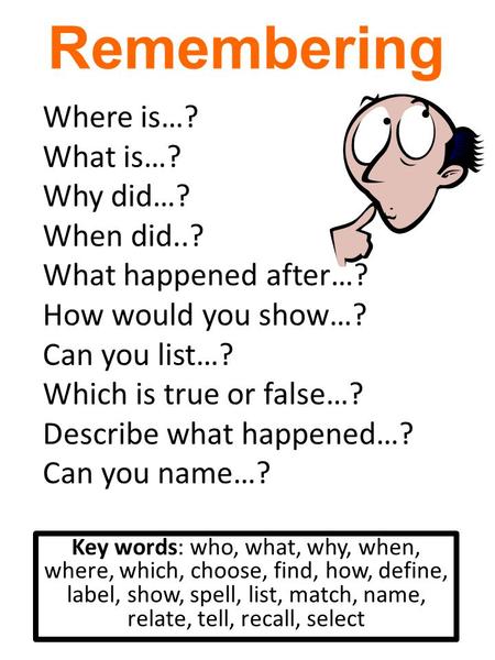 Remembering Key words: who, what, why, when, where, which, choose, find, how, define, label, show, spell, list, match, name, relate, tell, recall, select.