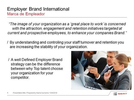 1 Presentation title / Prepared by Name Surname / 1/29/2016 Employer Brand International “The image of your organization as a ‘great place to work’ is.
